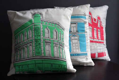 pillows with pub illustrations on them