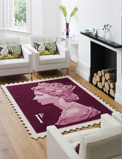 rug that looks like a giant postage stamp of the Queen