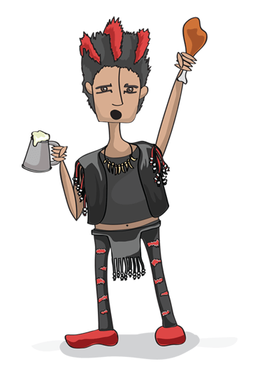illustration of Rufio eating a turkey leg and drinking a beer