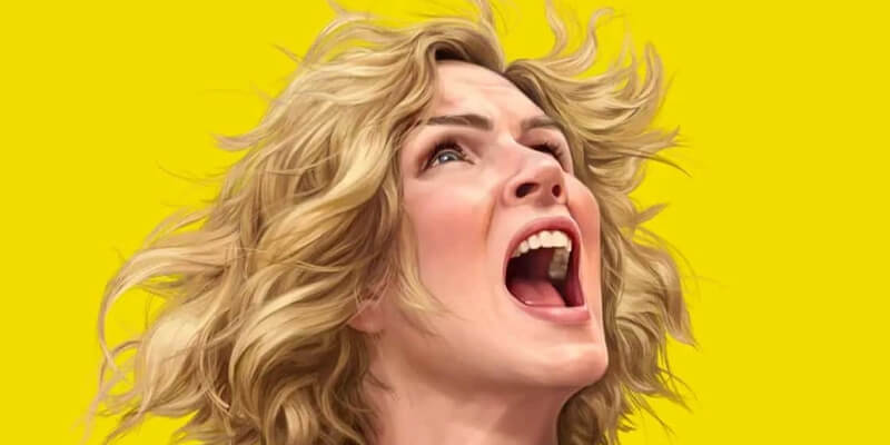 illustration against yellow background of Rhea Seehorn looking up and screaming