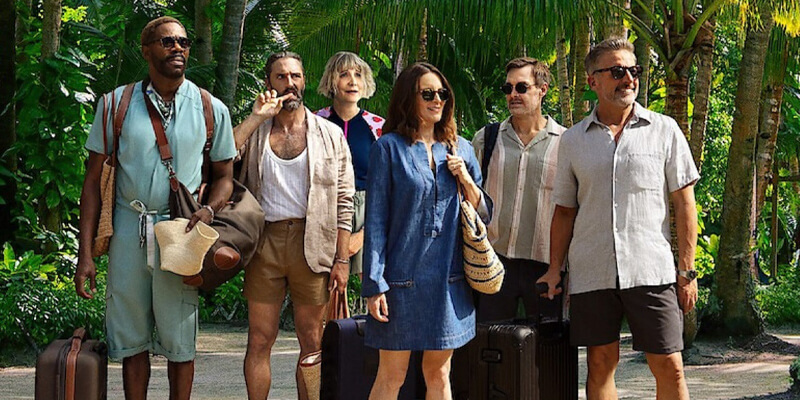 Colman Domingo, Marco Calvani, Kerri Kenney-Silver, Tina Fey, Will Forte, and Steve Carell arriving with luggage at a tropical location