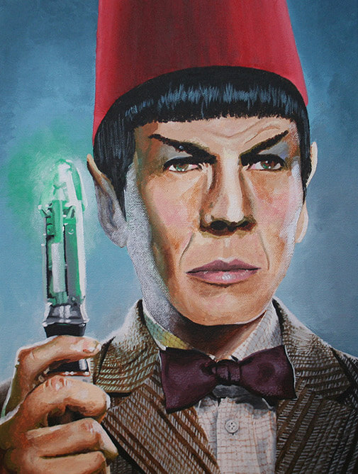 Spock dressed as the eleventh Doctor in tweed jacket, bowtie, and red fez and holding the Sonic Screwdriver