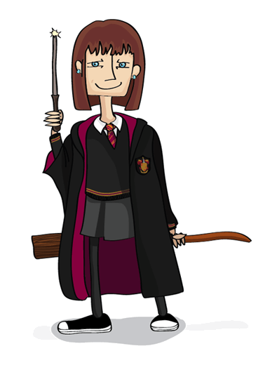 illustration of my friend Tiffany in Hogwarts garb holding a wand and a broomstick