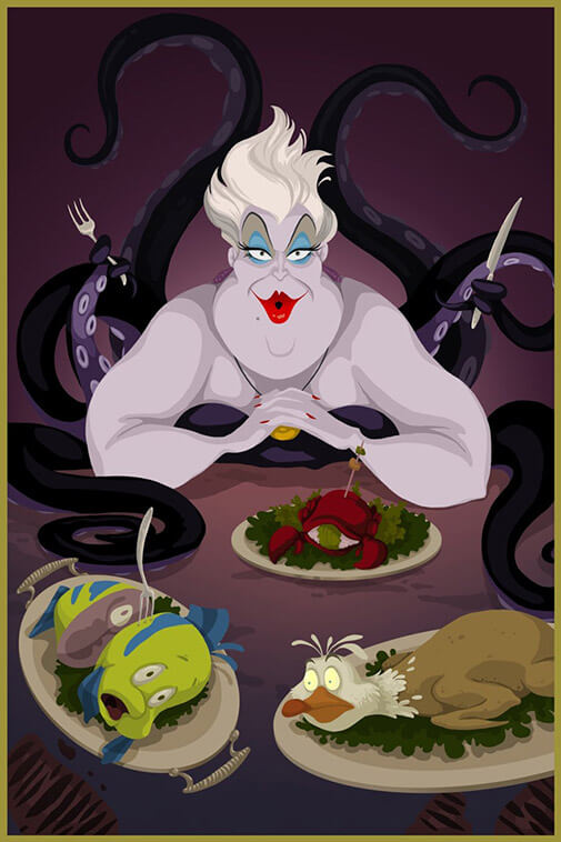 Ursula the Sea Witch having Flounder, Sebastian, and Scuttle for dinner