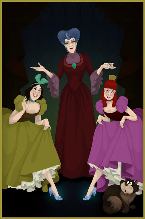 Lady Tremaine with the evil step-sisters wearing glass slippers