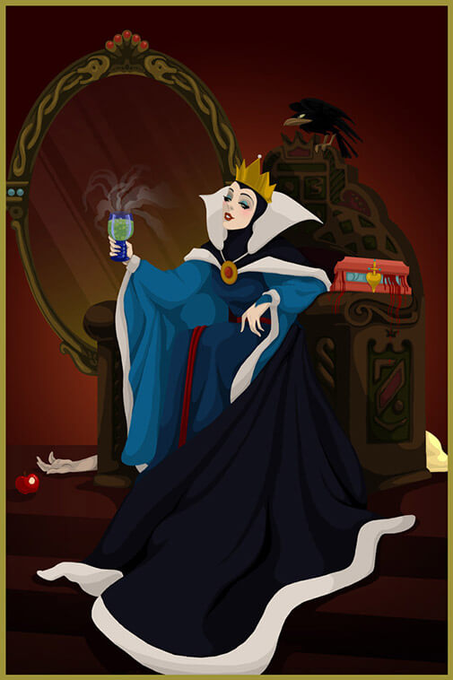 the Evil Queen having a drink in front of the magic mirror