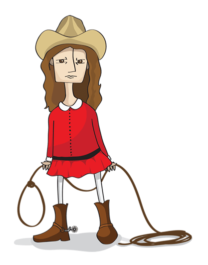 illustration of Veruca Salt wearing a cowboy hat, boots, and holding a lasso