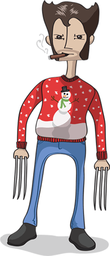 illustration of Wolverine from X-Men in an ugly Christmas sweater