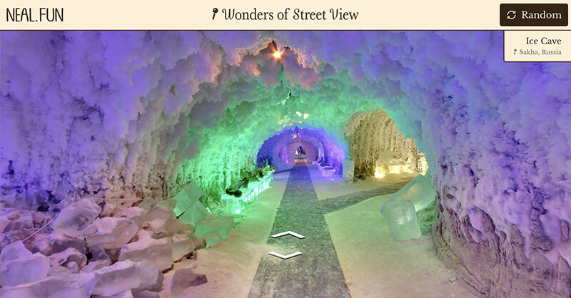 Ice Cave in Sakha, Russia: tunnels of ice lit with green and purple