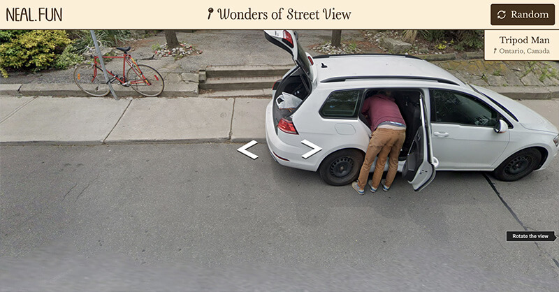 Tripod Man in Ontario, Canada: glitchy capture of a guy leaning into the backseat of his car and he has three legs