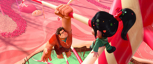 Ralph hanging from a candy cane tree looking up at Venellope