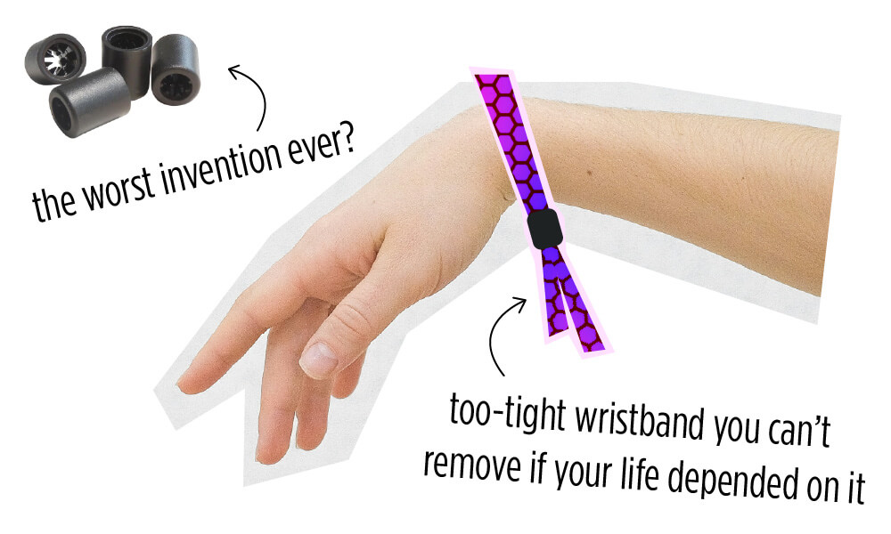 a hand with a wristband that’s too tight you can’t remove it if your life depended on it; one-wap clasps that are the worst invention ever?