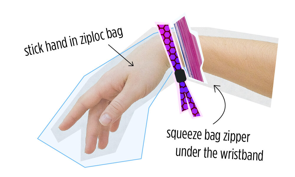 wristband-wearing hand with ziploc bag over it